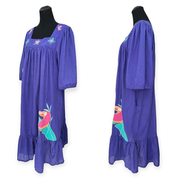 VINTAGE Ramona Rull | 1X | Embroidered Toucan Butterfly Mirror Sequin Mumu Dress - Picture 4 of 8